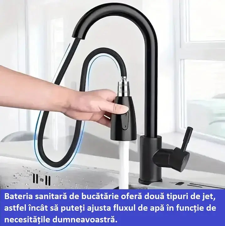 Baterie sanitară bucătărie Glimatech cu două tipuri de jet comutabile prin buton, duș extractabil negru mat, chiuvetă inox modernă