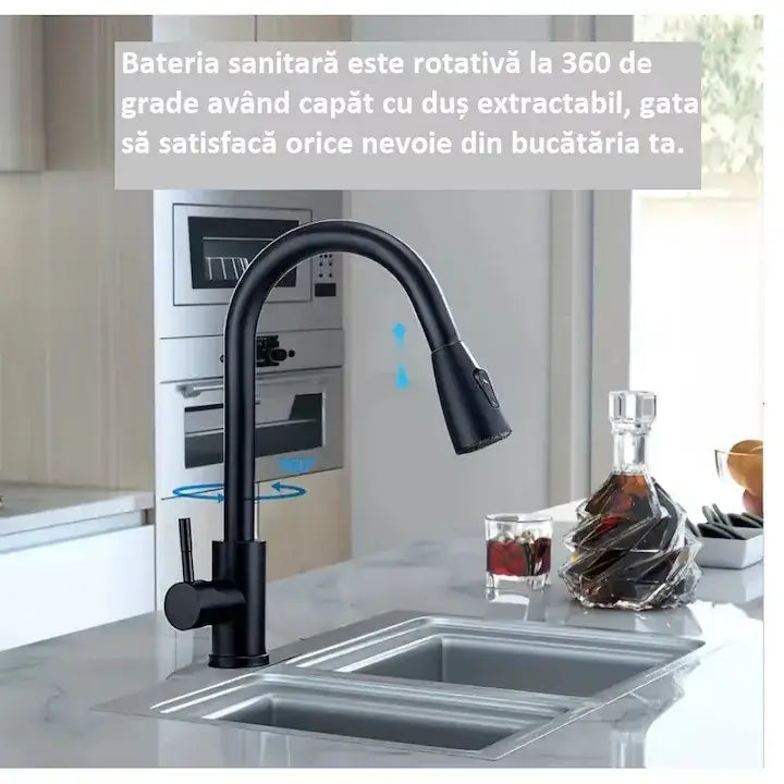 Baterie sanitară bucătărie Glimatech cu duș extractabil și pipă pivotantă 360 grade, oțel inoxidabil negru mat, montată pe chiuvetă