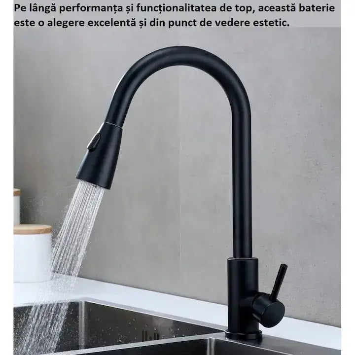 Baterie sanitară bucătărie Glimatech negru mat cu duș extractabil activ, jet puternic, design modern și elegant din oțel inoxidabil