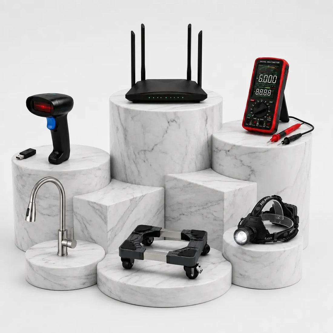Glimatech gamă completă de produse - router WiFi, multimetru digital, baterie chiuvetă, lanternă, cititor coduri de bare și suport mobil