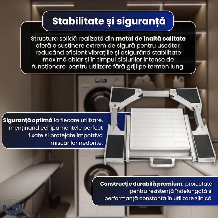 Suport universal masina de spalat si uscator cu tavita glisanta multifunctionala GLIMATECH, kit suprapunere reglabil, cadru metalic rezistent anti-vibratii, stabilitate maxima si siguranta sporita, compatibil majoritatea modelelor, dimensiuni reglabile