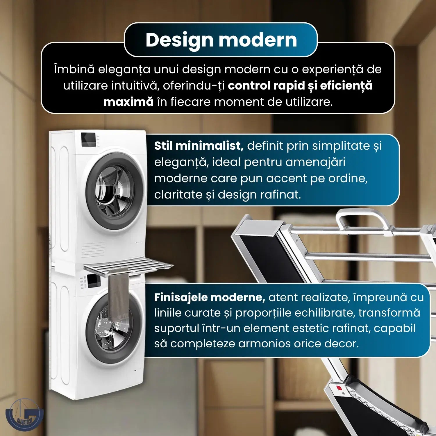 Suport GLIMATECH pentru suprapunere mașină de spălat și uscător, design modern minimalist cu bară pentru prosoape inclusă