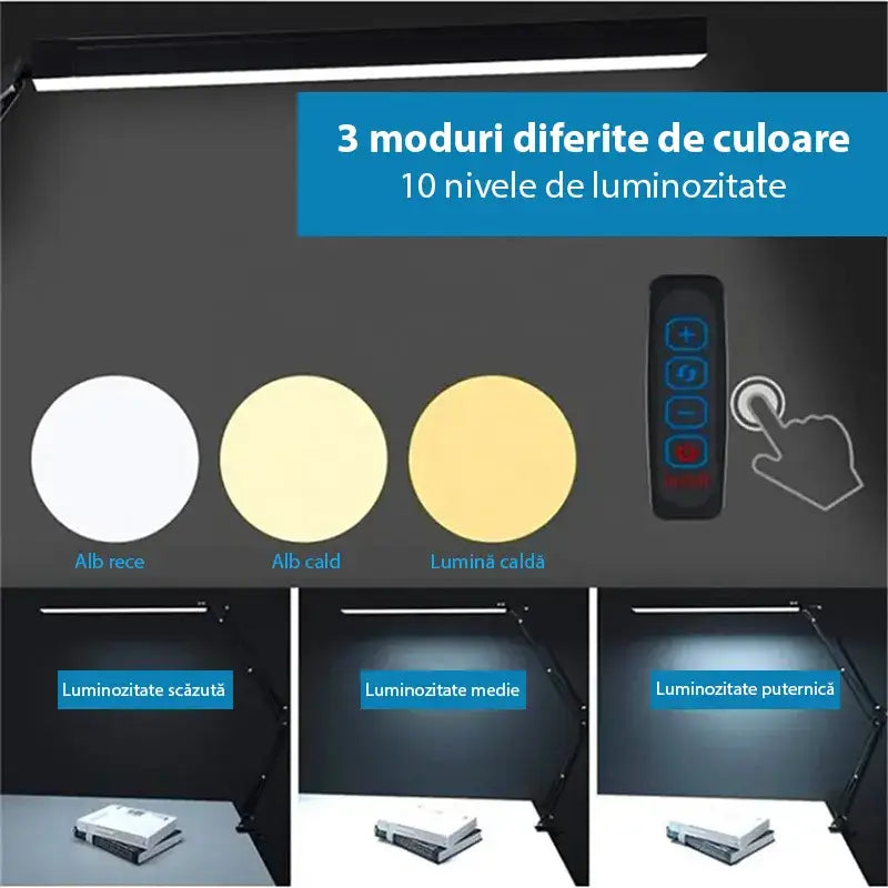 Lampa LED de birou Glimatech 3 moduri de culoare si 10 nivele de luminozitate, control touch, alb rece, alb cald si galben