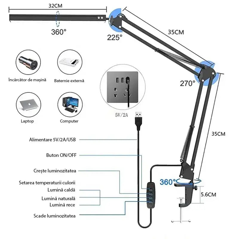 Lampa LED de birou Glimatech 32cm bara LED, alimentare USB 5V 2A, rotire 225-270 grade, brat 35cm, clema 5.6cm