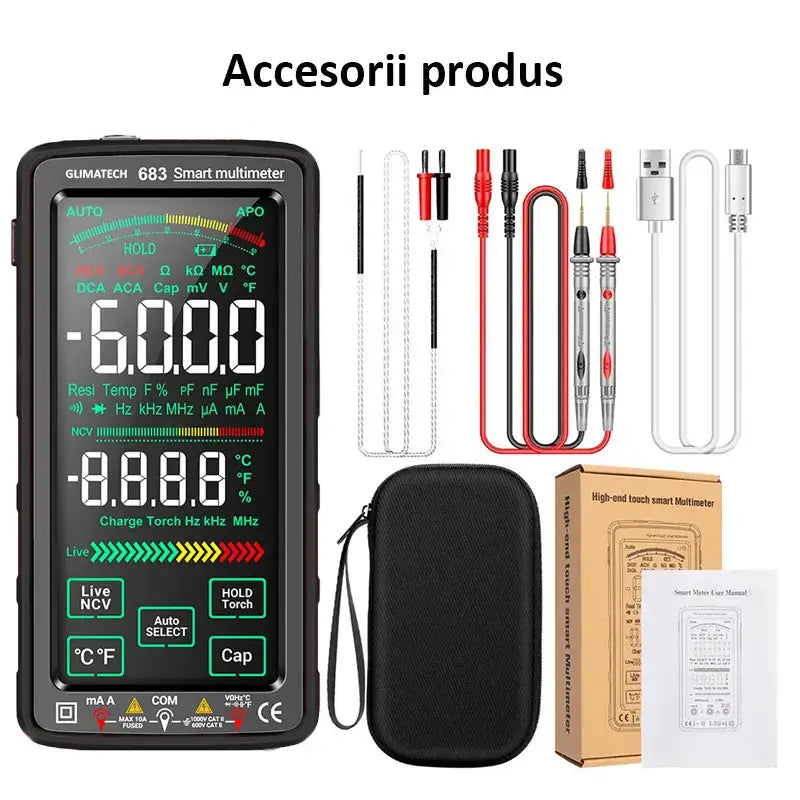 Multimetru digital smart Glimatech 683 conținut pachet complet - sonde măsurare, cablu USB încărcare, husă transport și manual utilizare