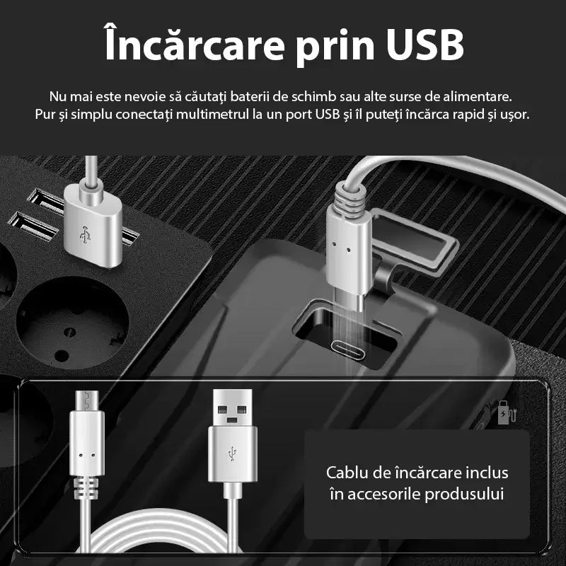 Multimetru digital smart Glimatech 683 cu încărcare prin USB, port Type-C integrat și cablu de încărcare inclus în pachet