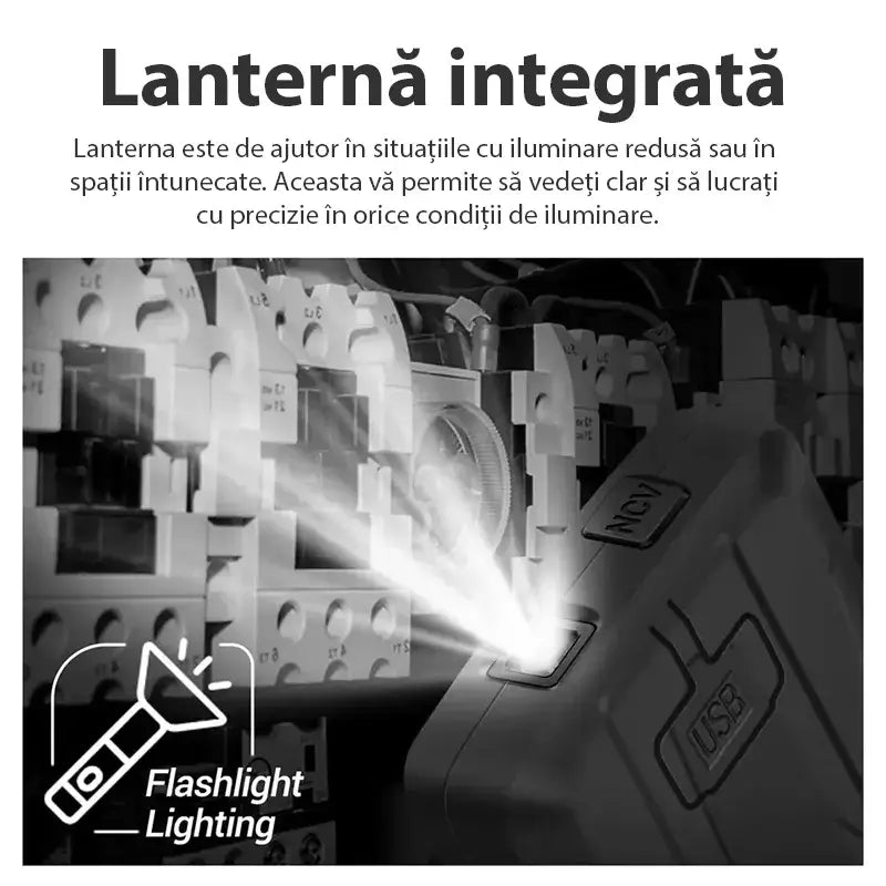 Multimetru digital smart Glimatech 683 cu lanternă integrată utilizată la tablou electric, funcție flashlight pentru spații întunecate