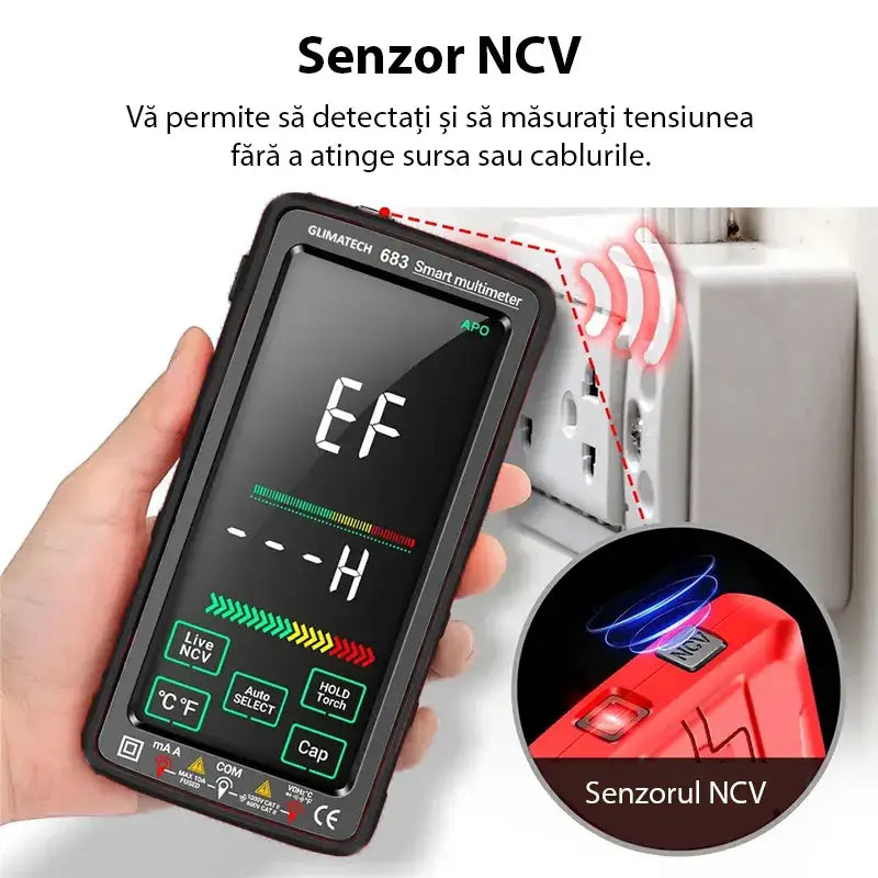 Multimetru digital smart Glimatech 683 cu senzor NCV pentru detecție tensiune fără contact, măsurare curenți AC/DC în prize și cabluri