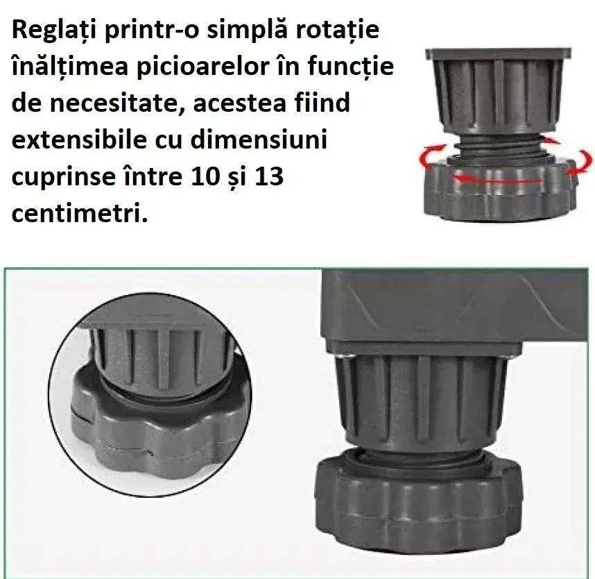 Suport GLIMATECH cu înălțime reglabilă 10-13 cm prin rotație simplă, picioare extensibile din plastic dur, antivibrant