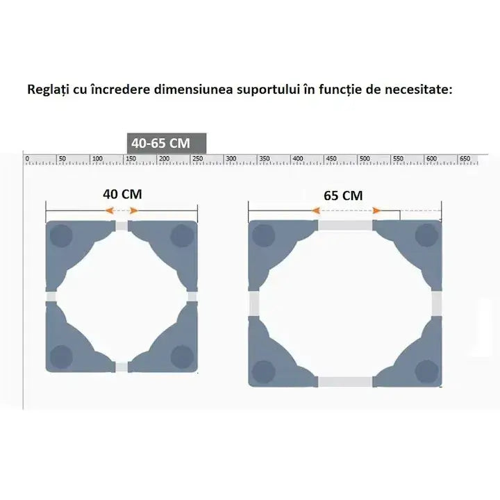 Suport GLIMATECH reglabil 40-65 cm lungime și lățime, diagramă dimensiuni ajustabile pentru echipamente casnice, negru