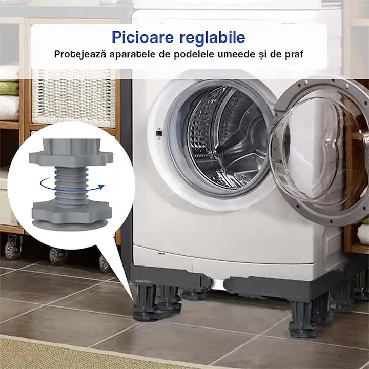 Suport GLIMATECH gri cu picioare reglabile pentru mașină de spălat, protejează aparatul de podele umede și praf