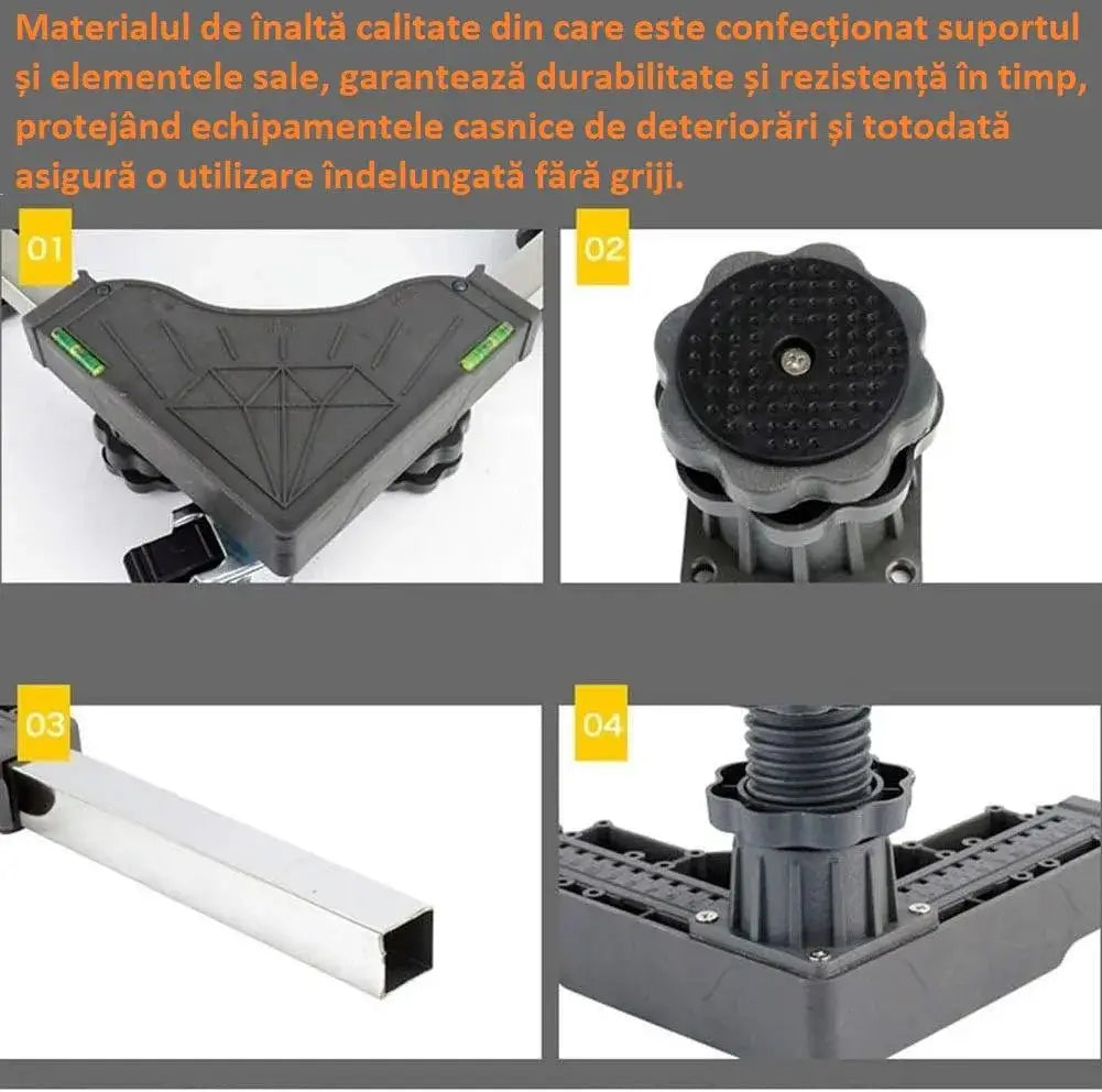 Suport GLIMATECH materiale de calitate: colțuri cu boloboc, talpă cauciucată, bară aluminiu și picior reglabil robust, negru
