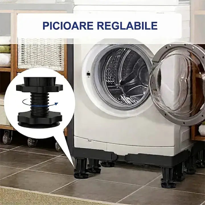 Suport GLIMATECH cu picioare reglabile pentru mașină de spălat frontală, mecanism rotativ de ajustare înălțime, negru