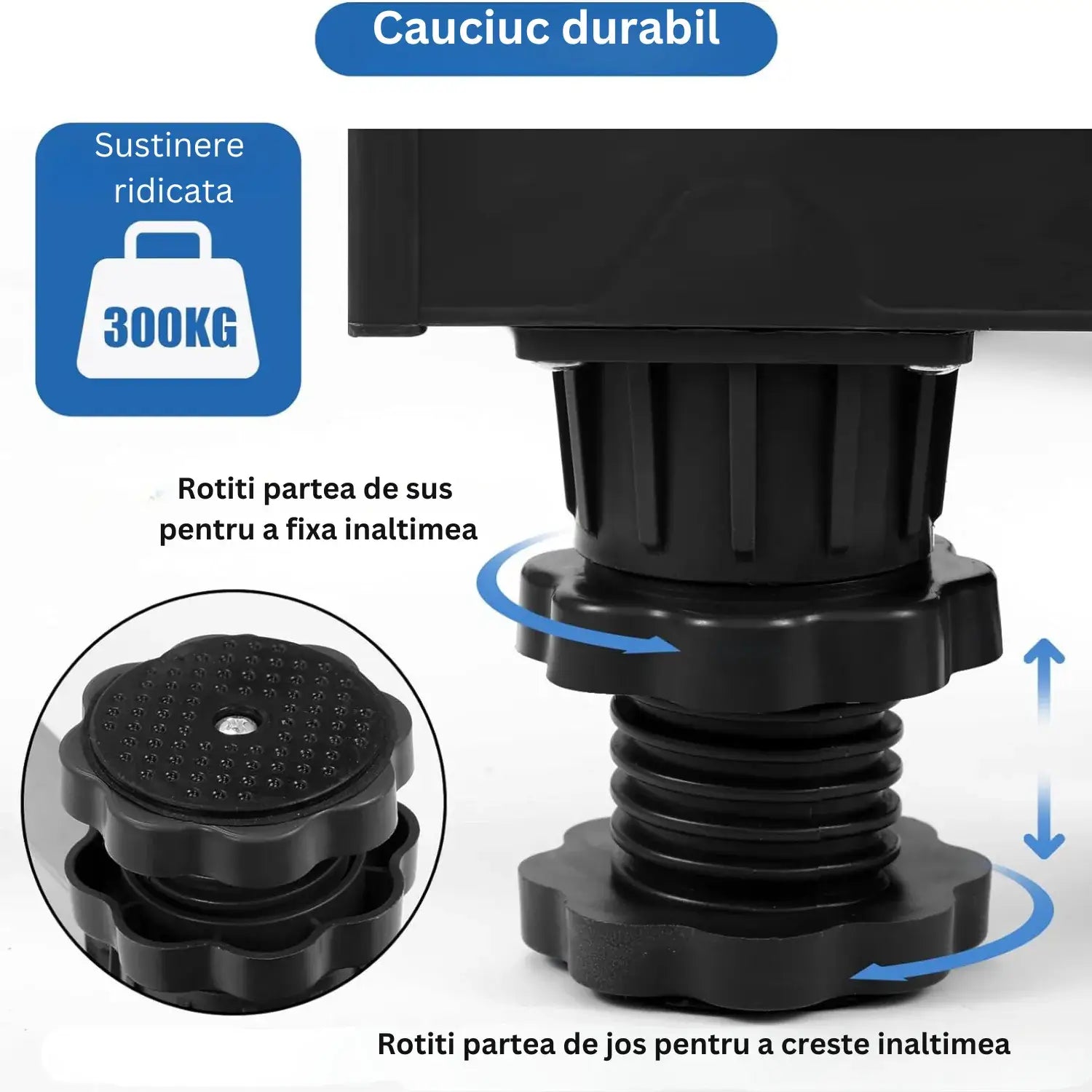 Suport reglabil Glimatech 300kg cu picioare din cauciuc durabil, înălțime ajustabilă 6.5-9cm prin rotire, susținere ridicată negru