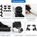 Suport reglabil Glimatech instrucțiuni asamblare în 6 pași - pregătire piese, înșurubare picioare, introducere bare PVC și reglaj lungime