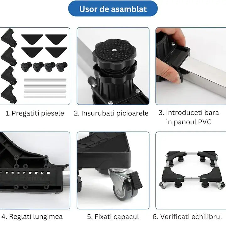 Suport reglabil Glimatech instrucțiuni asamblare în 6 pași - pregătire piese, înșurubare picioare, introducere bare PVC și reglaj lungime