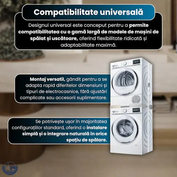 Suport stivuire GLIMATECH cu compatibilitate universală pentru mașini de spălat și uscătoare, montaj versatil fără accesorii extra