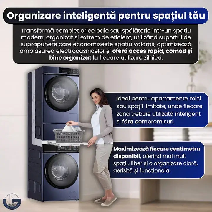 Suport stivuire mașină de spălat și uscător GLIMATECH, ideal pentru apartamente mici, maximizează spațiul disponibil zilnic