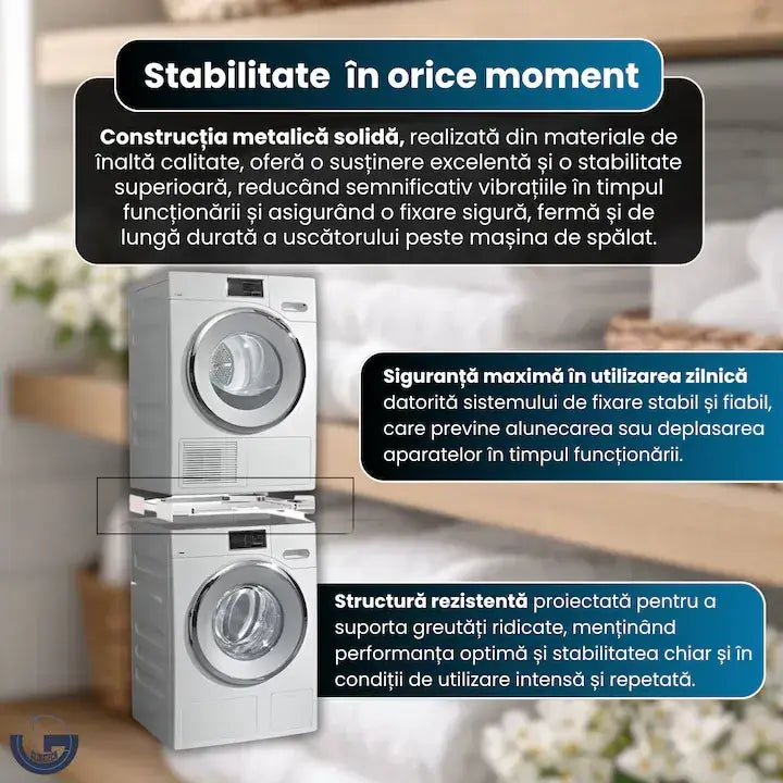 Suport suprapunere mașină de spălat GLIMATECH cu structură metalică solidă, sistem anti-vibrații și fixare sigură în utilizare zilnică