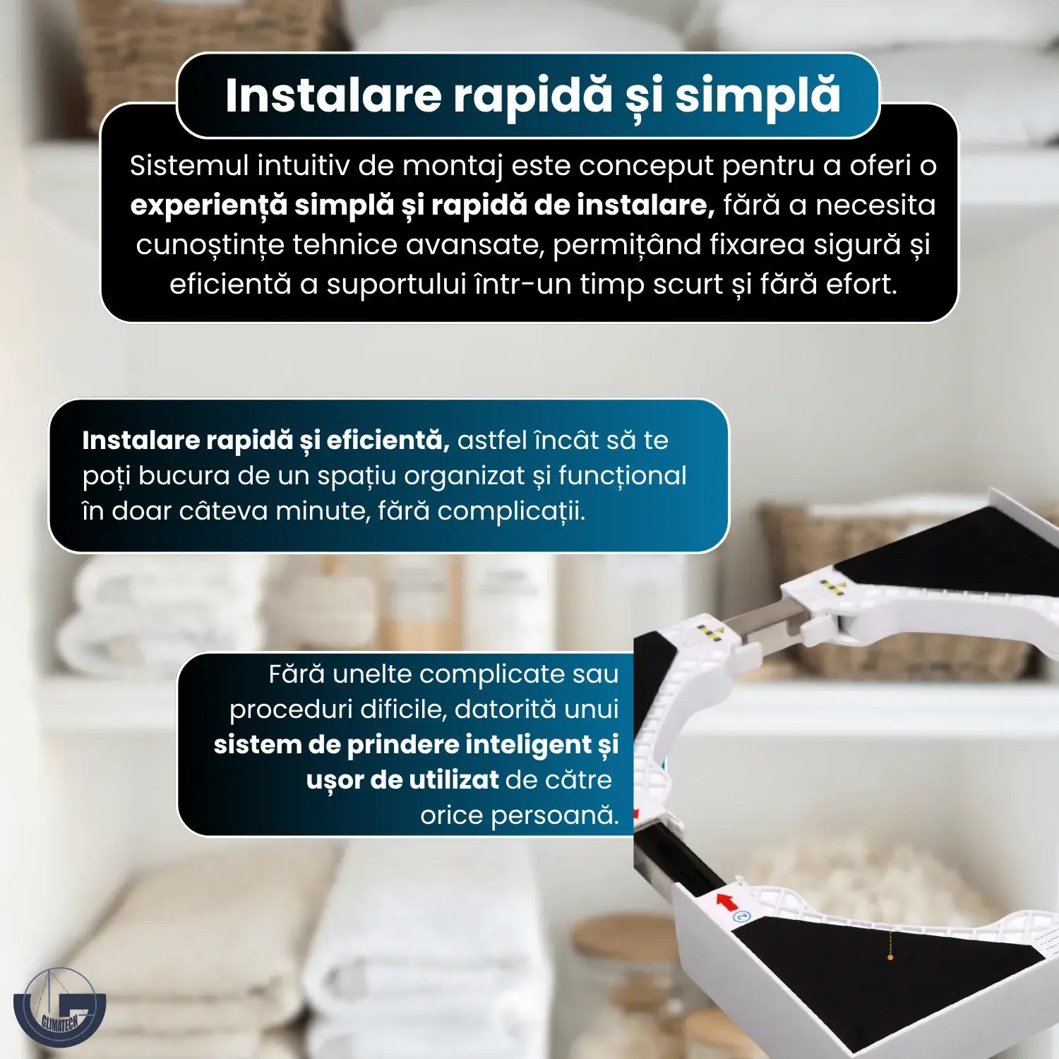 Suport suprapunere mașină de spălat GLIMATECH, instalare rapidă fără unelte, sistem de prindere inteligent, montaj simplu