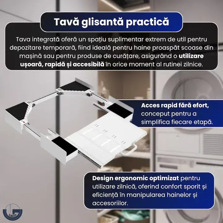 Suport GLIMATECH cu tavă glisantă multifuncțională pentru haine și accesorii, acces rapid și ergonomic, design alb