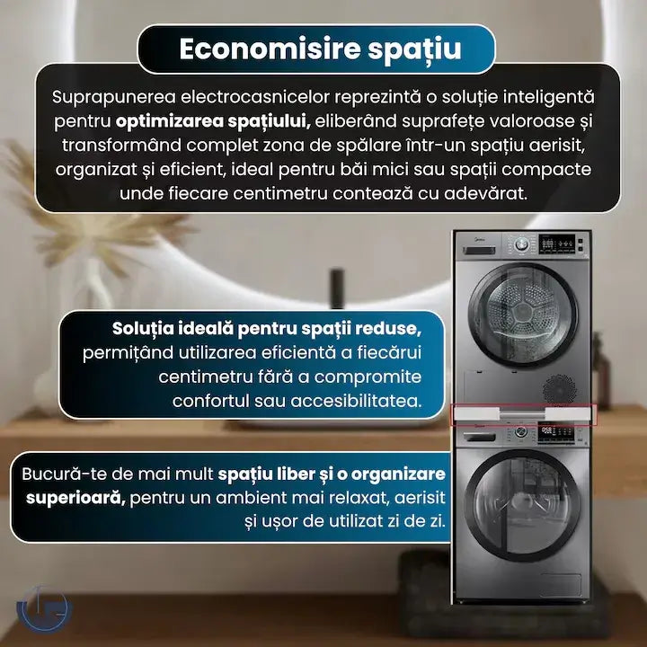 Suport GLIMATECH pentru suprapunere uscător peste mașina de spălat, soluție economisire spațiu pentru băi mici și compacte