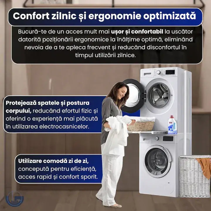 Suport suprapunere uscător GLIMATECH cu poziționare ergonomică, acces confortabil, reduce efortul fizic la utilizare zilnică