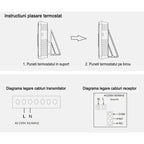 Termostat inteligent Glimatech instrucțiuni instalare și diagrame legare cabluri transmițător și receptor AC230V 50/60Hz, Imax 3A