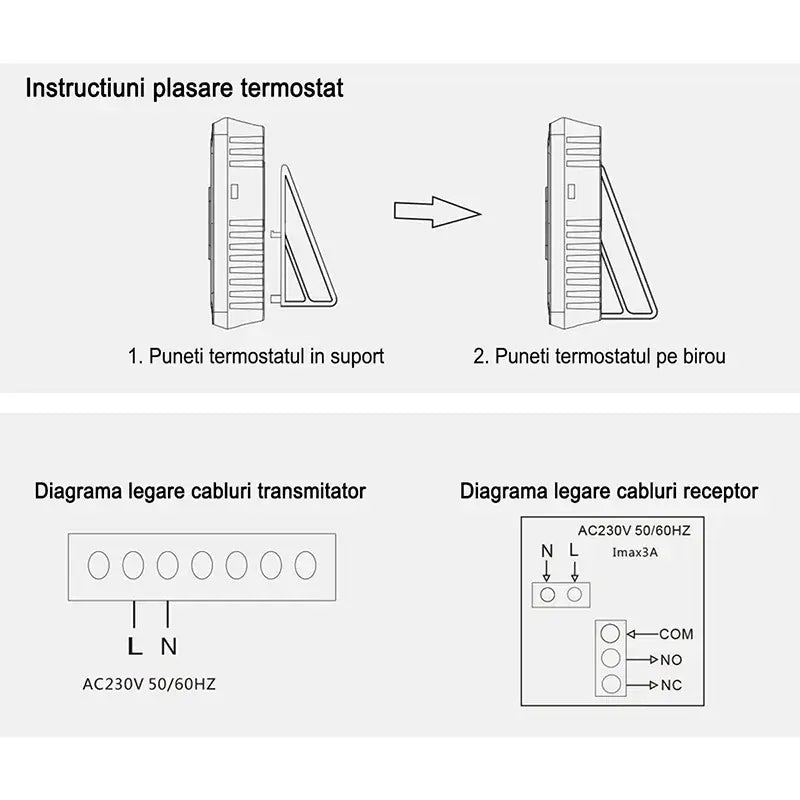 Termostat inteligent Glimatech instrucțiuni instalare și diagrame legare cabluri transmițător și receptor AC230V 50/60Hz, Imax 3A