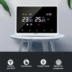 Termostat inteligent ambient Glimatech negru cu touchscreen, control Wi-Fi, comandă vocală și moduri de programare săptămânală