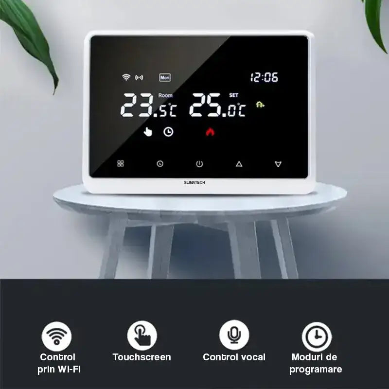 Termostat inteligent ambient Glimatech negru cu touchscreen, control Wi-Fi, comandă vocală și moduri de programare săptămânală