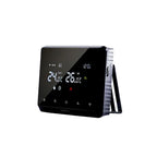 Termostat inteligent ambient Glimatech negru vedere laterală, ecran tactil LCD cu temperatură cameră 24°C și temperatură setată 26°C