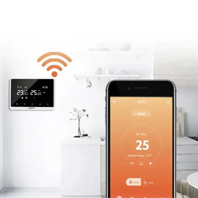 Termostat inteligent ambient Glimatech cu conexiune Wi-Fi, control la distanță prin aplicație mobilă, montat pe perete în bucătărie