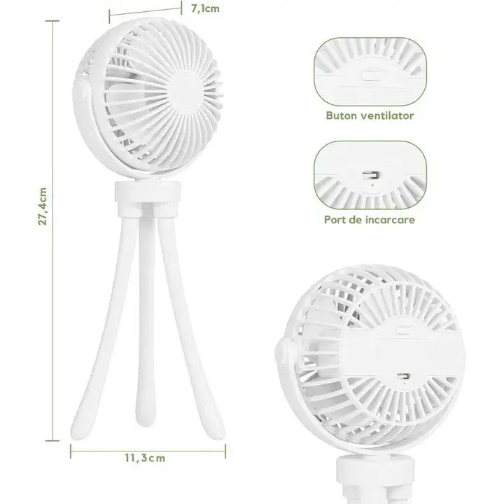 Ventilator portabil Glimatech alb dimensiuni 27.4cm înălțime, 11.3cm lățime, cap 7.1cm, buton ventilator și port încărcare USB-C