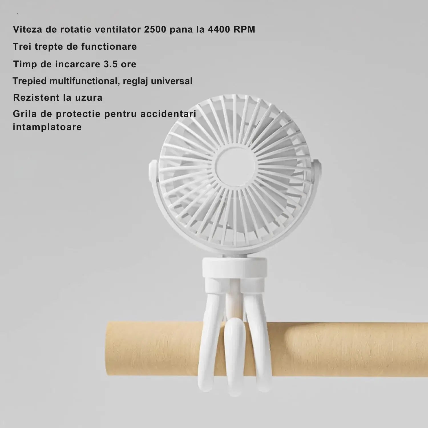 Ventilator portabil Glimatech trepied flexibil alb, 3 trepte de funcționare 2500-4400 RPM, timp încărcare 3.5 ore, grilă protecție