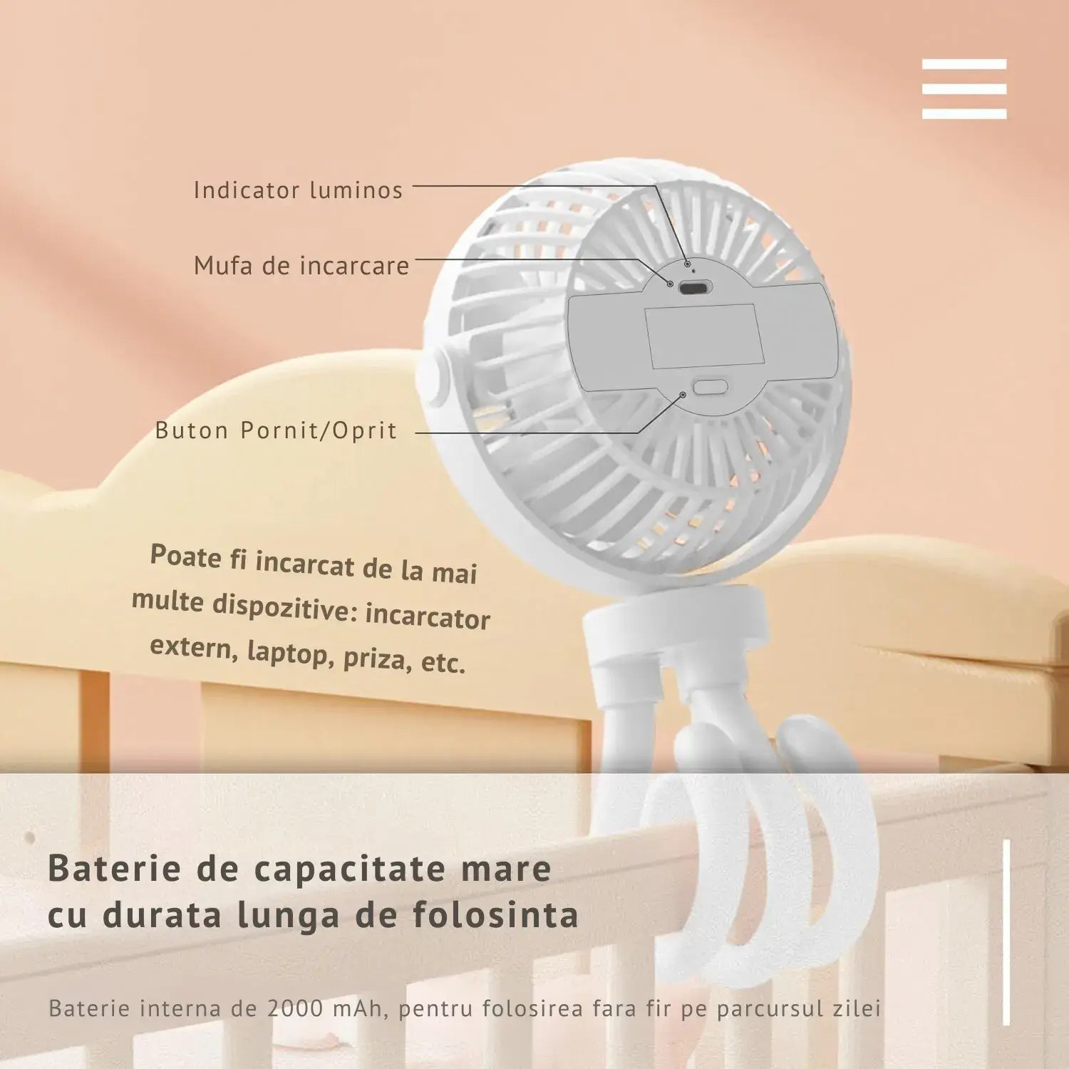 Ventilator portabil Glimatech cu trepied flexibil montat pe pătuț, baterie internă 2000mAh, indicator luminos și mufa USB-C, alb