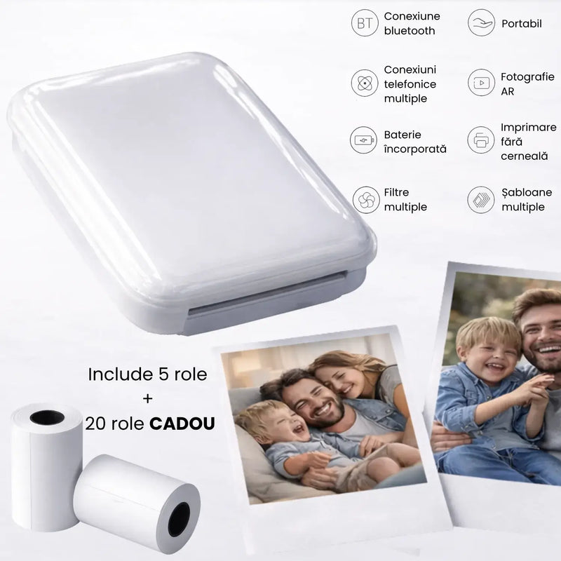Imprimantă portabilă GLIMATECH albă cu Bluetooth, baterie încorporată, imprimare fără cerneală, filtre și șabloane multiple, include 5 role hartie foto plus 20 role cadou

