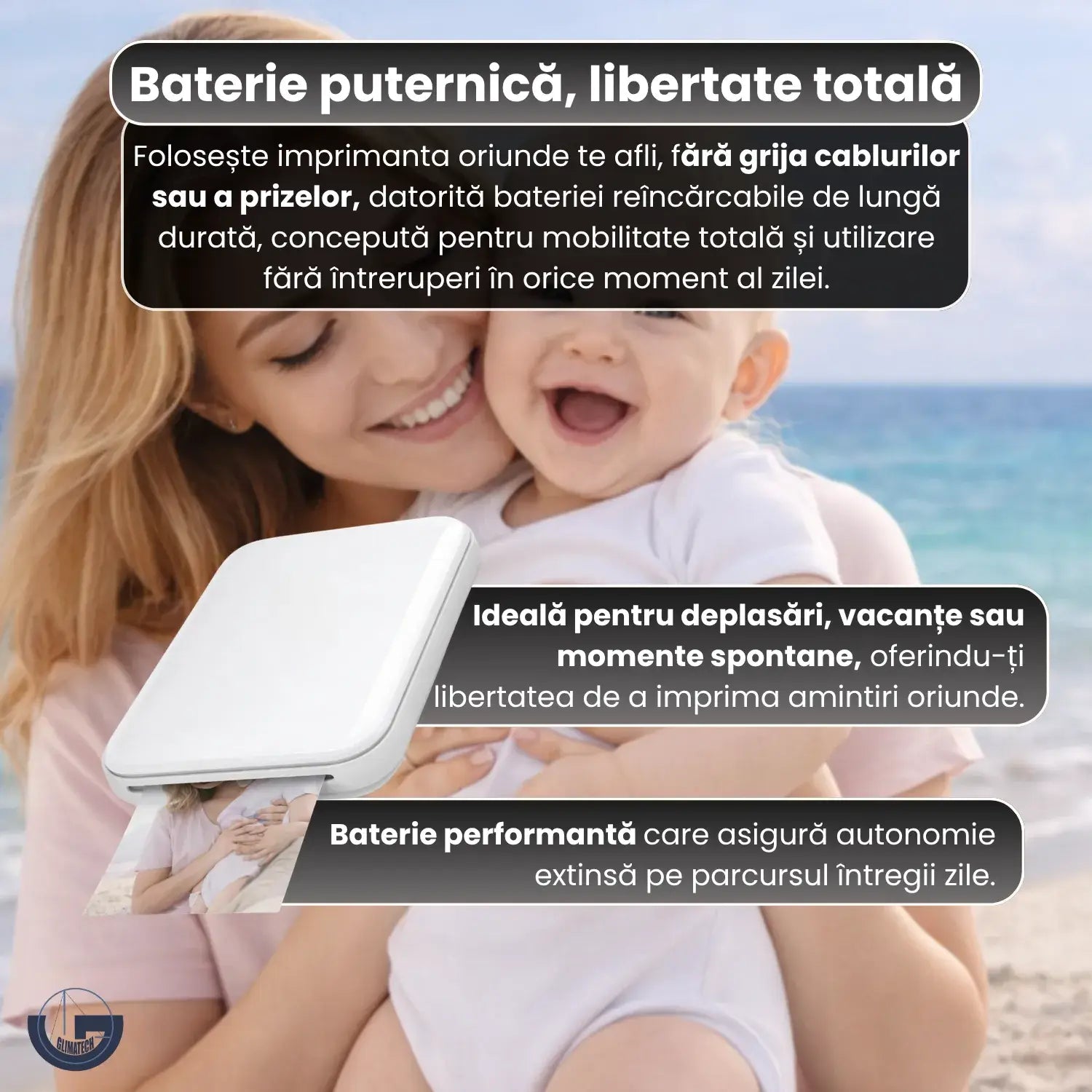 Imprimantă portabilă GLIMATECH cu baterie reîncărcabilă de lungă durată, autonomie extinsă toată ziua, ideală pentru deplasări și vacanțe, fără cabluri