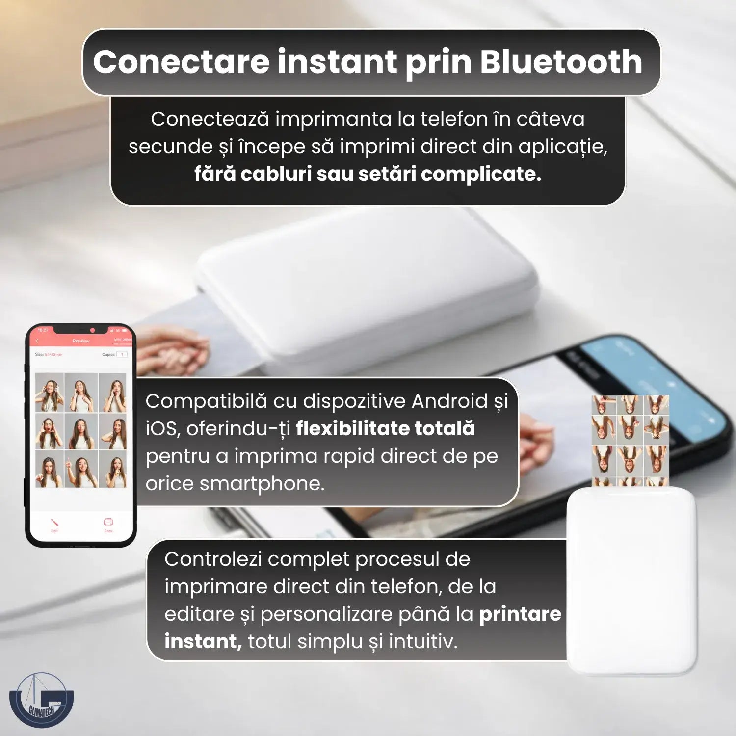 Imprimantă portabilă GLIMATECH cu conectare instant Bluetooth, compatibilă Android și iOS, imprimare rapidă direct din aplicație, fără cabluri