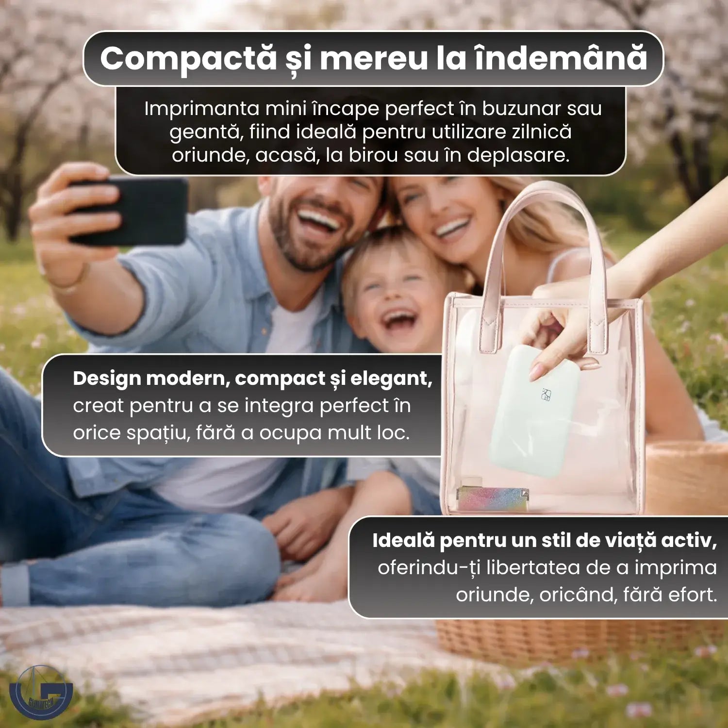 Imprimantă portabilă GLIMATECH compactă și ușor de transportat în geantă sau buzunar, design modern elegant, ideală pentru utilizare zilnică acasă și în deplasare