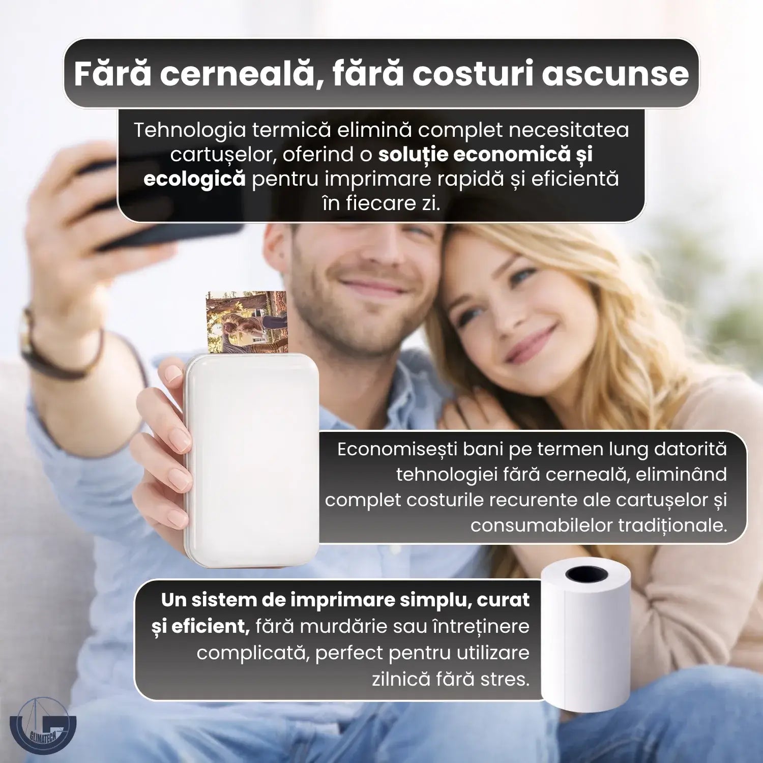 Imprimantă portabilă GLIMATECH fără cerneală, tehnologie termică fără cartușe, imprimare rapidă economică și ecologică, compatibilă Android și iOS