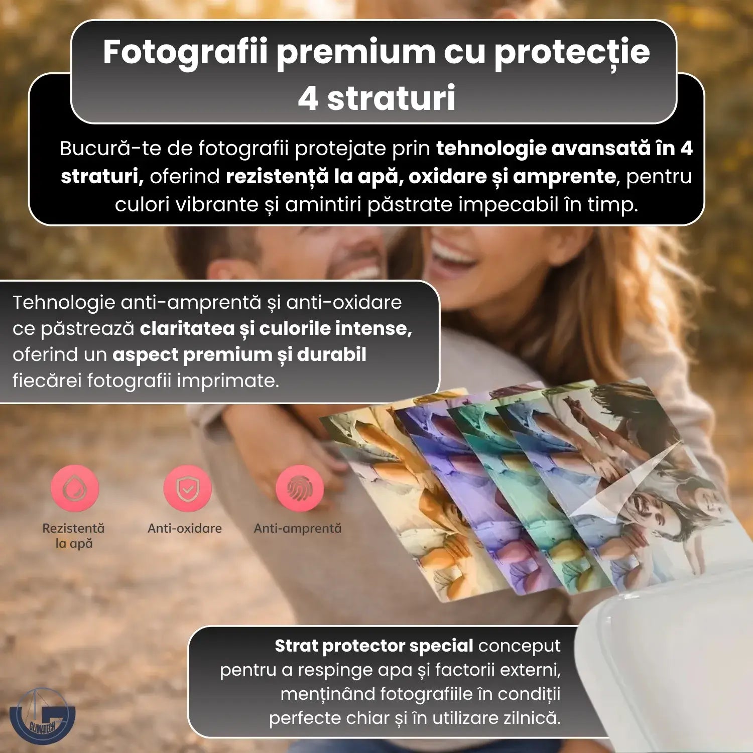 Imprimantă portabilă GLIMATECH fotografii premium cu protecție 4 straturi, rezistente la apă, oxidare și amprente, culori vibrante și durabile