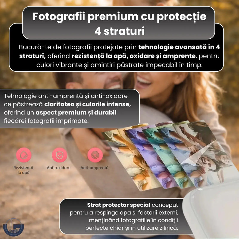 Imprimantă portabilă GLIMATECH fotografii premium cu protecție 4 straturi, rezistente la apă, oxidare și amprente, culori vibrante și durabile