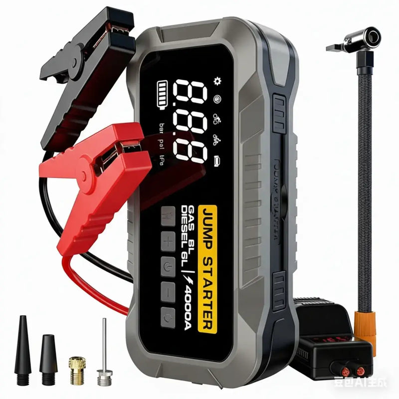 Jump Starter auto portabil GLIMATECH 4000A cu compresor aer, cabluri de pornire, accesorii incluse, benzină 8L diesel 6L, negru argintiu