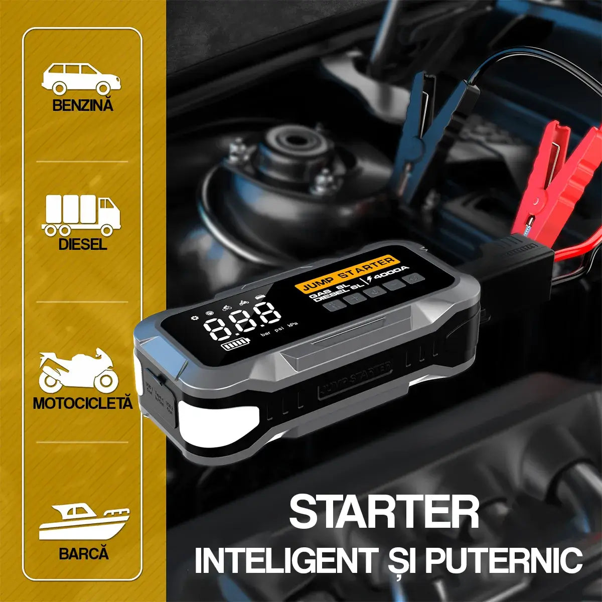Jump Starter inteligent GLIMATECH 4000A compatibil cu vehicule pe benzină 8L, diesel 6L, motociclete și bărci, pornire rapidă baterie descărcată