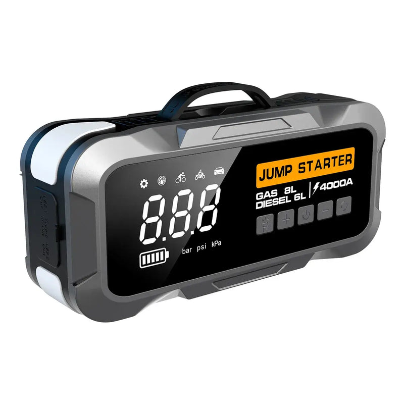 Jump Starter portabil GLIMATECH 4000A cu display LCD, compatibil benzină 8L și diesel 6L, power bank 24000mAh, vedere frontală