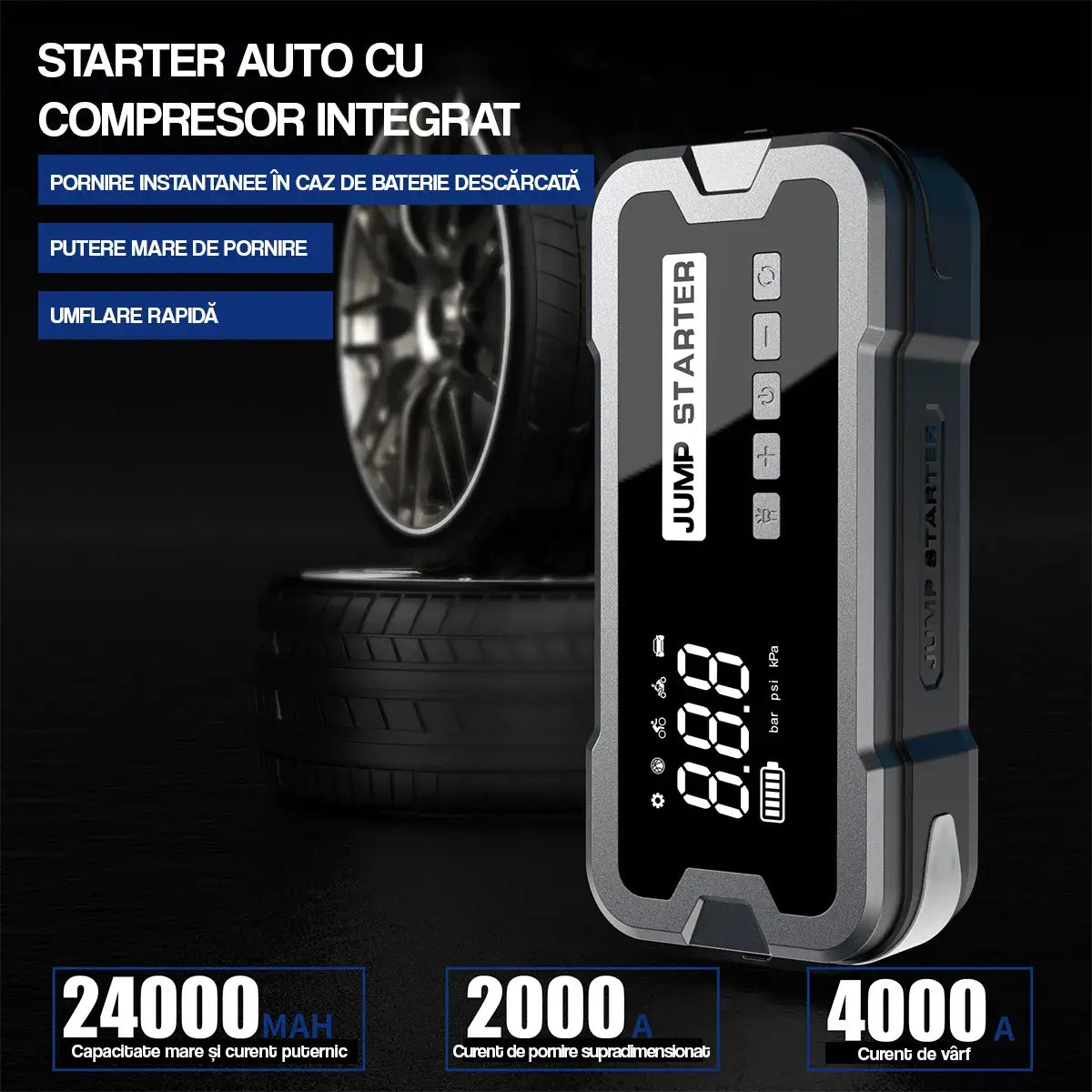 Starter auto GLIMATECH cu compresor integrat, capacitate 24000mAh, curent de pornire 2000A, curent de vârf 4000A, umflare rapidă anvelope
