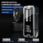 Starter auto GLIMATECH cu compresor integrat, capacitate 24000mAh, curent de pornire 2000A, curent de vârf 4000A, umflare rapidă anvelope