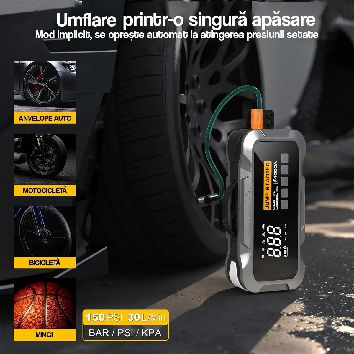 Jump Starter GLIMATECH cu compresor aer integrat, umflare anvelope auto, motocicletă, bicicletă și mingi, 150 PSI, 30L/min, oprire automată
