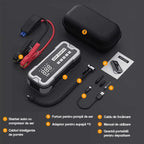 Conținut pachet Jump Starter GLIMATECH 4000A: starter cu compresor, cabluri inteligente, furtun pompă, 3 adaptoare supapă, cablu încărcare, manual și geantă